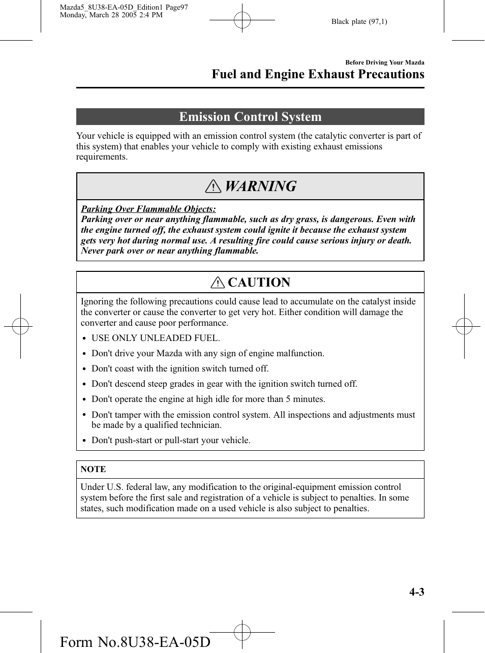 Emission control system, Emission control system -3, Warning | Caution, Fuel and engine exhaust precautions | Mazda 2006 5 User Manual | Page 97 / 388