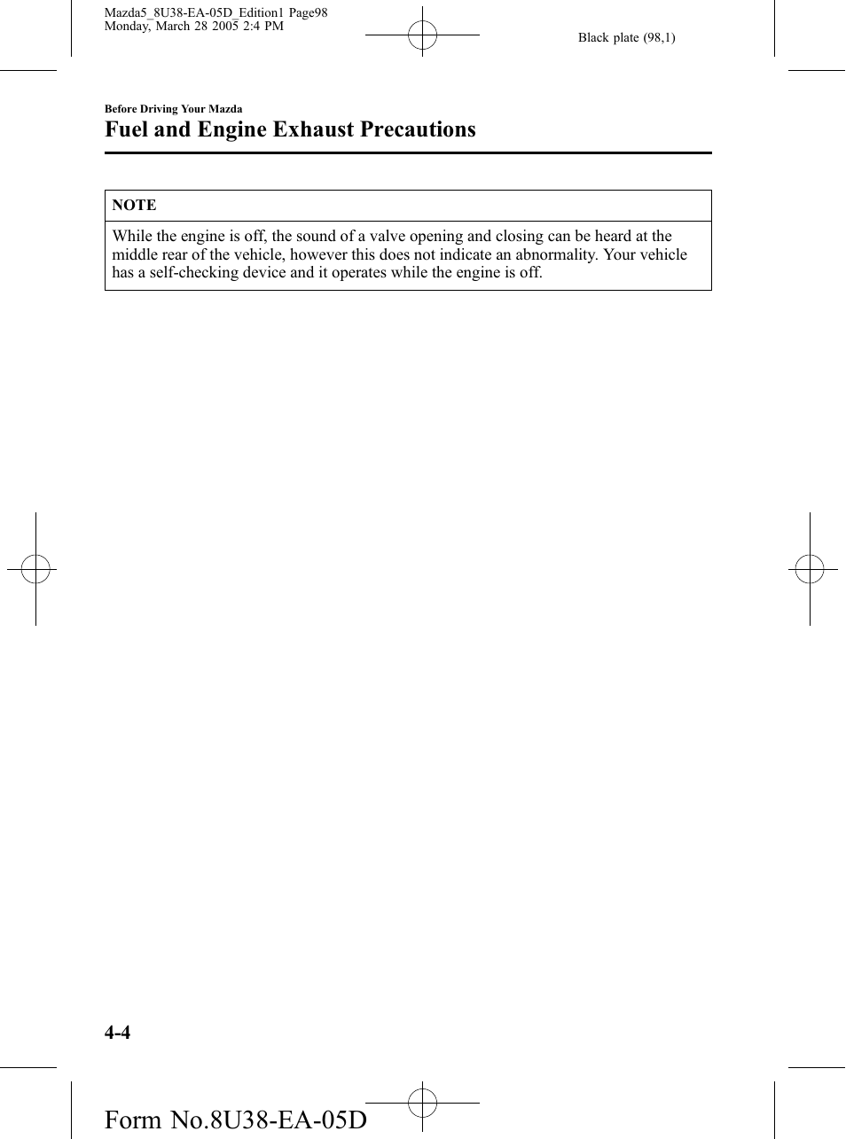 Fuel and engine exhaust precautions | Mazda 2006 5 User Manual | Page 98 / 388