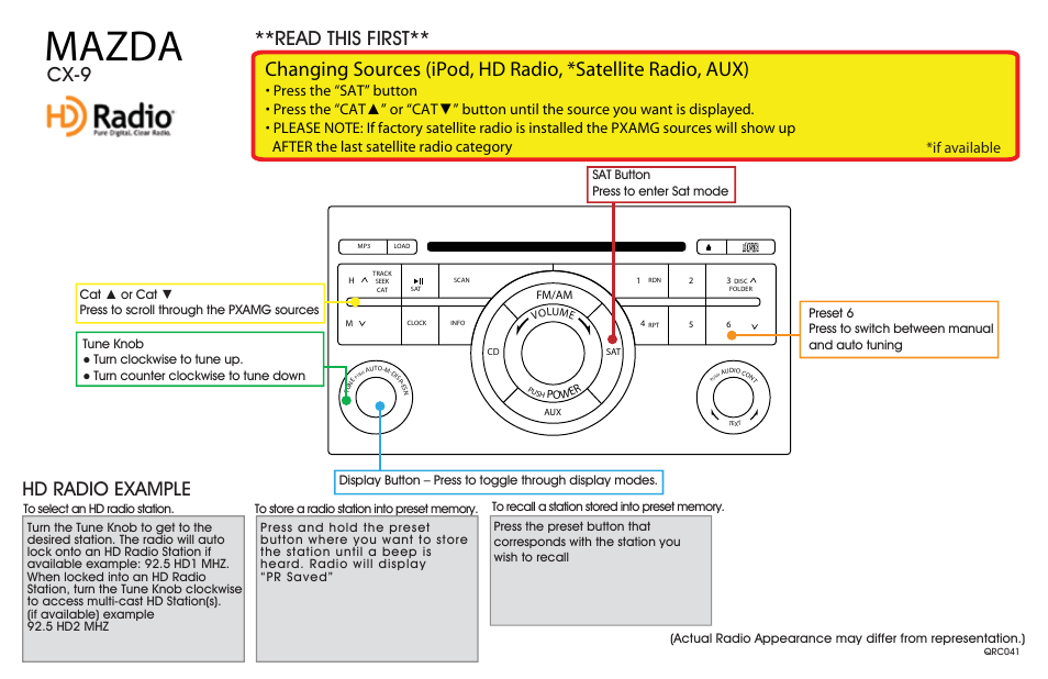 Qrc041_hdradio, Mazda, Read this first** cx-9 | Hd radio example, If available | Mazda CX-9 User Manual | Page 2 / 2