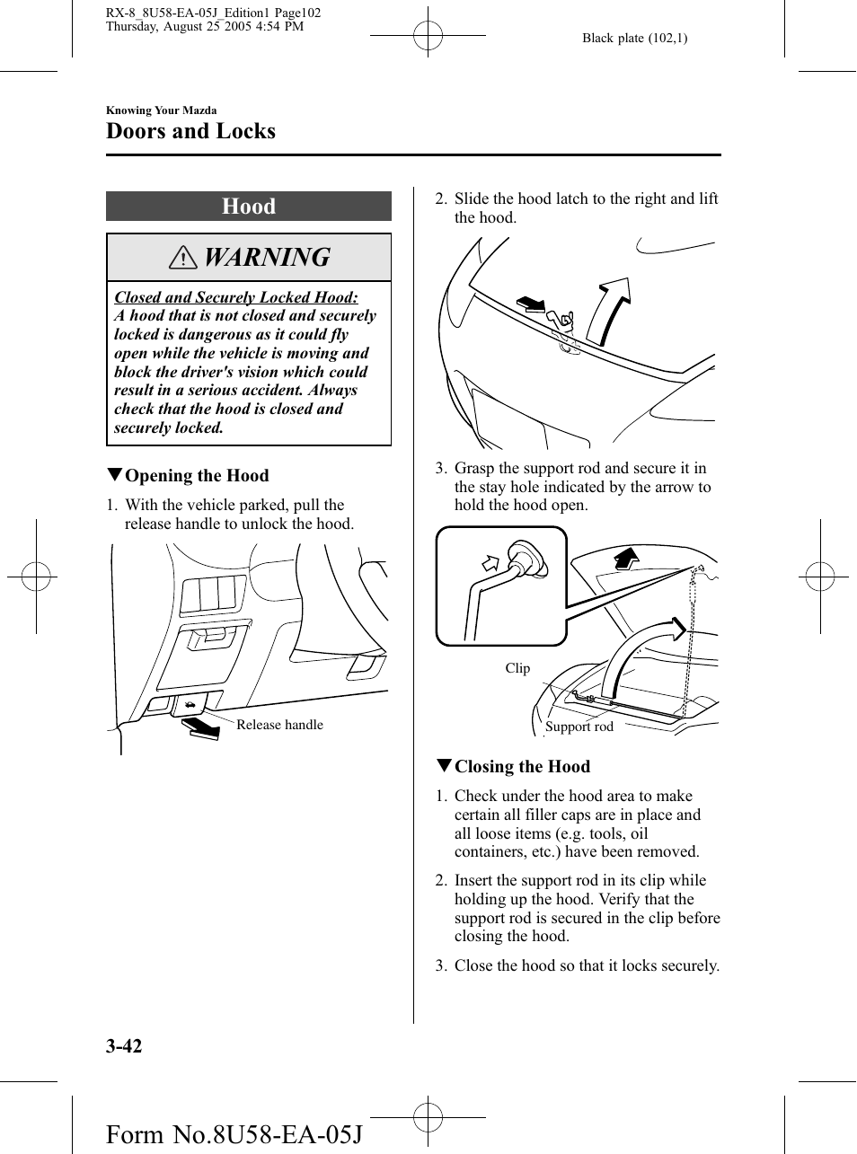 Hood, Hood -42, Warning | Doors and locks | Mazda 2006 RX-8 User Manual | Page 102 / 434