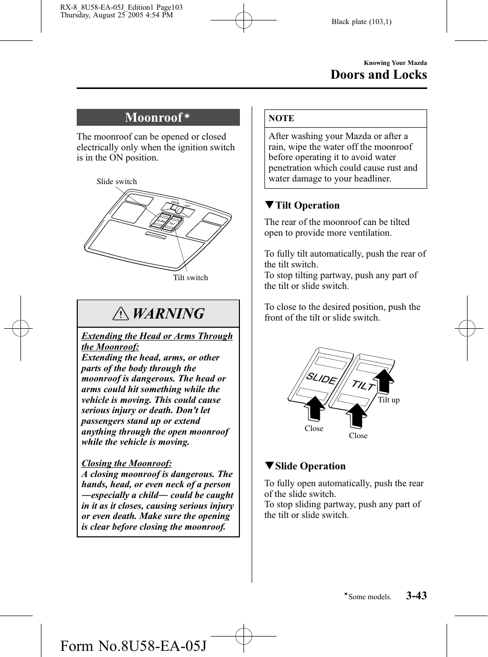 Moonroof, Warning, Doors and locks | Mazda 2006 RX-8 User Manual | Page 103 / 434