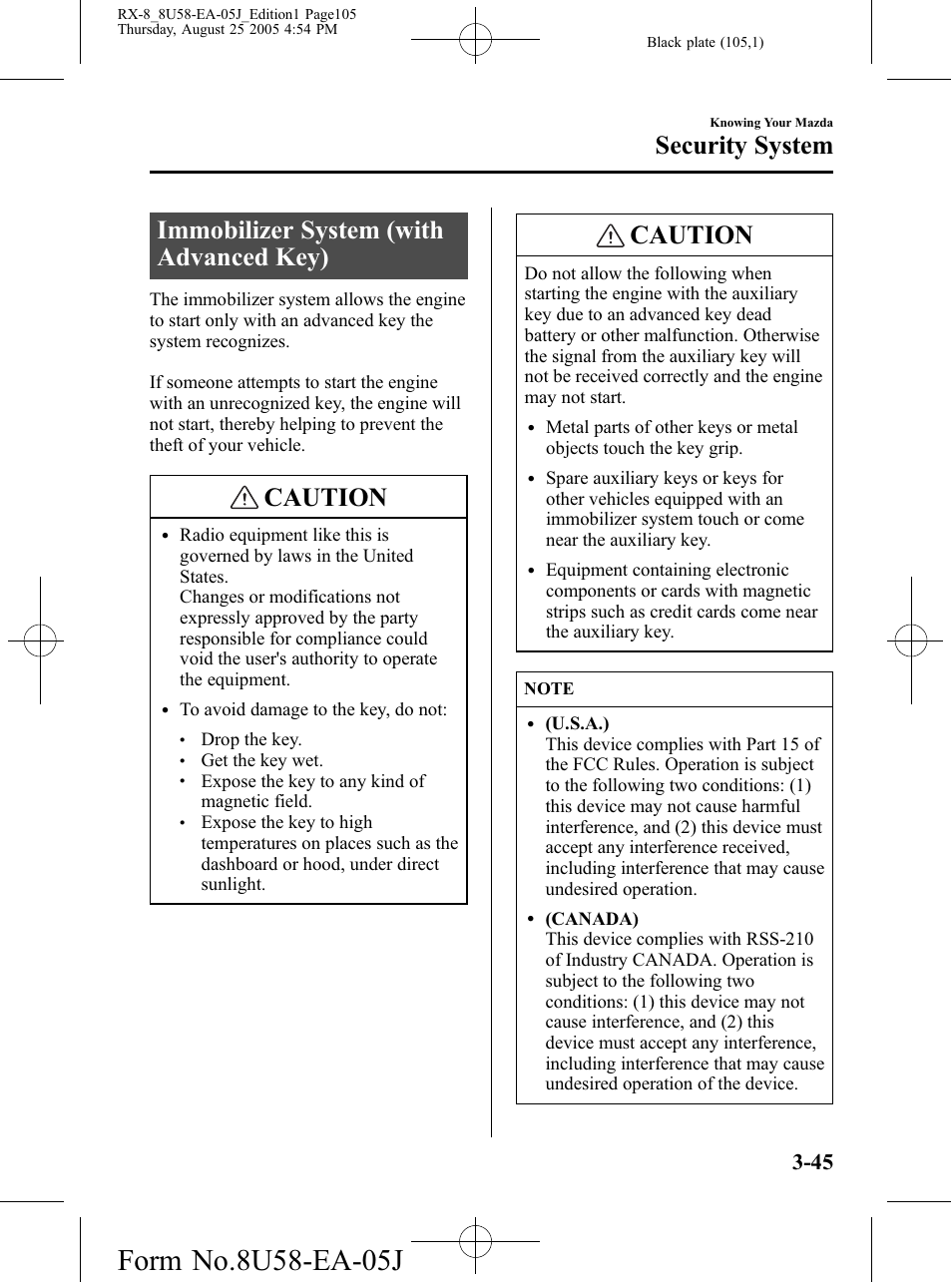 Security system, Immobilizer system (with advanced key), Security system -45 | Immobilizer system (with advanced key) -45, Caution | Mazda 2006 RX-8 User Manual | Page 105 / 434