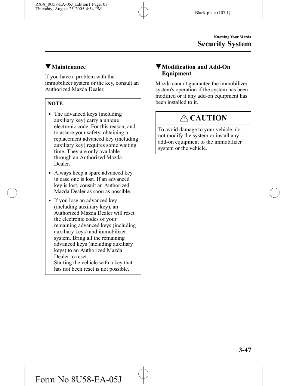 Caution, Security system | Mazda 2006 RX-8 User Manual | Page 107 / 434