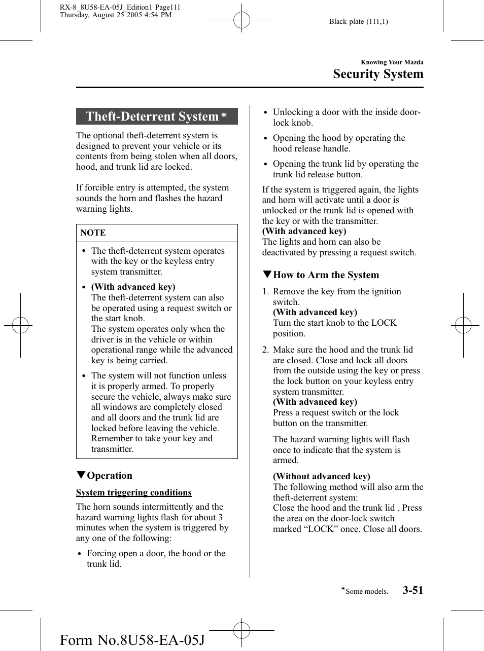 Theft-deterrent system, Security system | Mazda 2006 RX-8 User Manual | Page 111 / 434