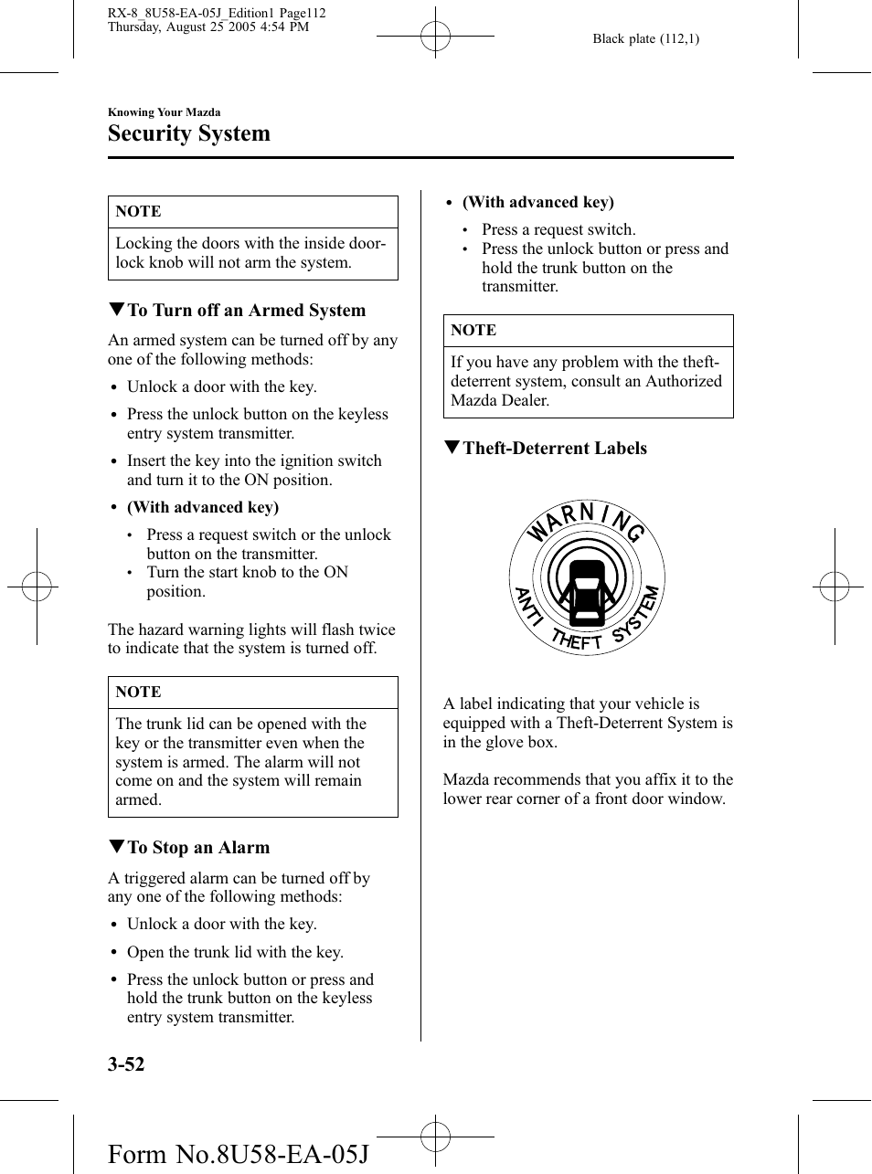 Security system, Qto turn off an armed system, Qto stop an alarm | Qtheft-deterrent labels | Mazda 2006 RX-8 User Manual | Page 112 / 434