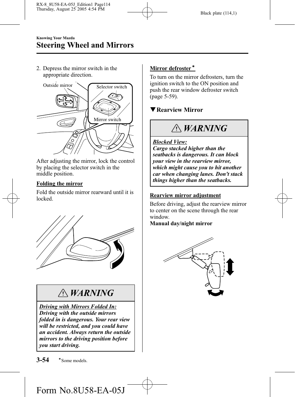 Warning, Steering wheel and mirrors | Mazda 2006 RX-8 User Manual | Page 114 / 434