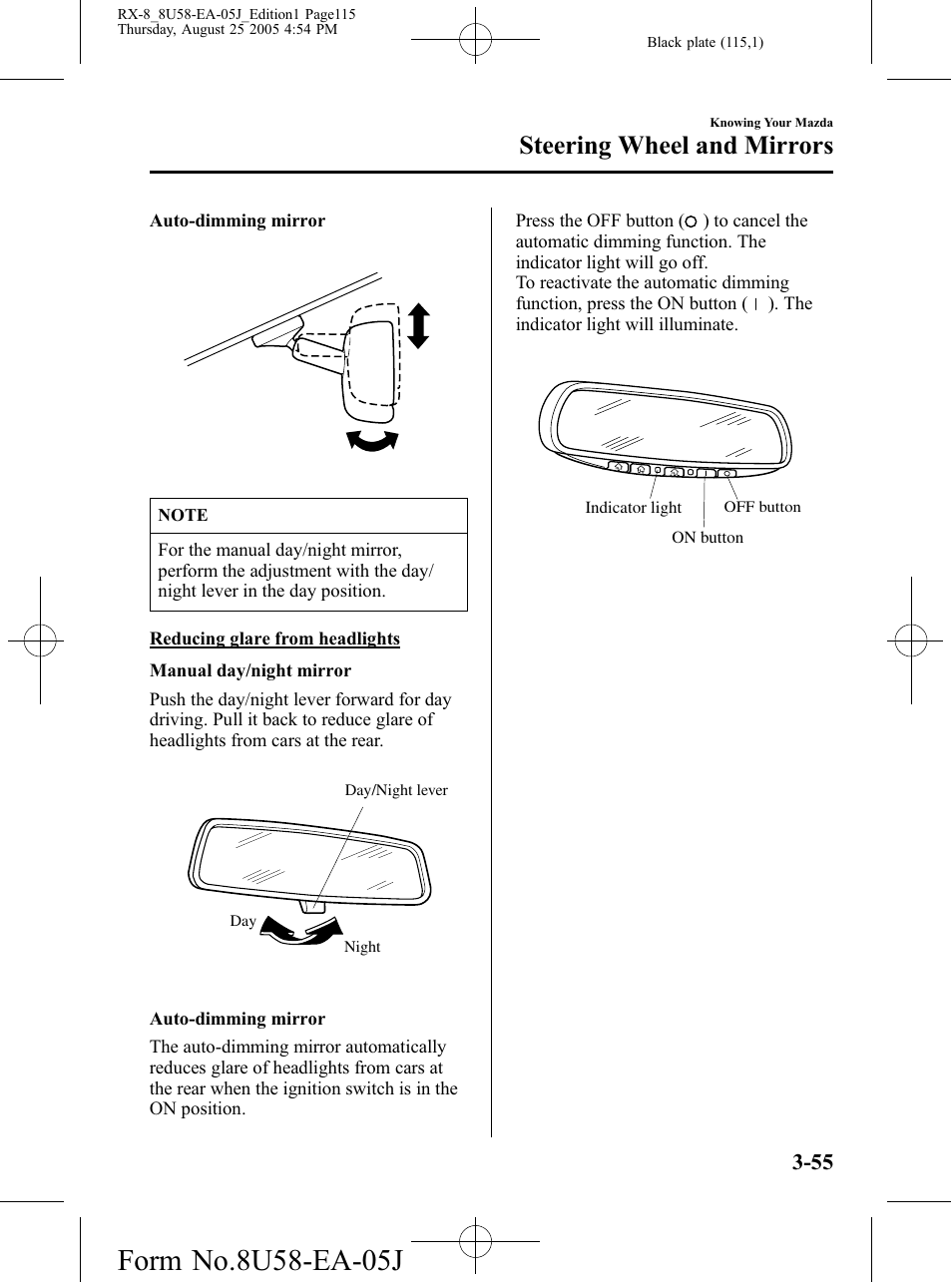 Steering wheel and mirrors | Mazda 2006 RX-8 User Manual | Page 115 / 434