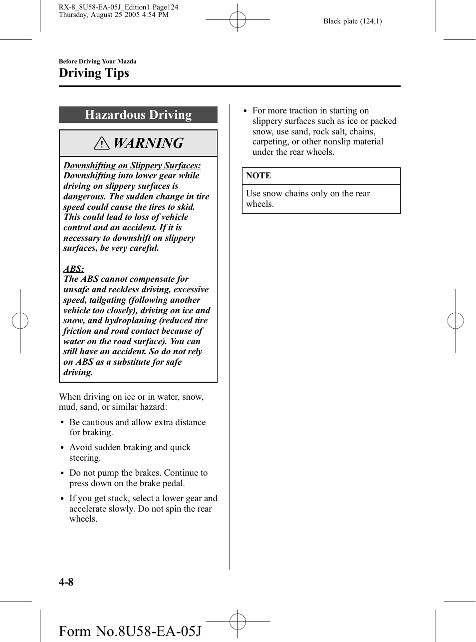 Hazardous driving, Hazardous driving -8, Warning | Driving tips | Mazda 2006 RX-8 User Manual | Page 124 / 434
