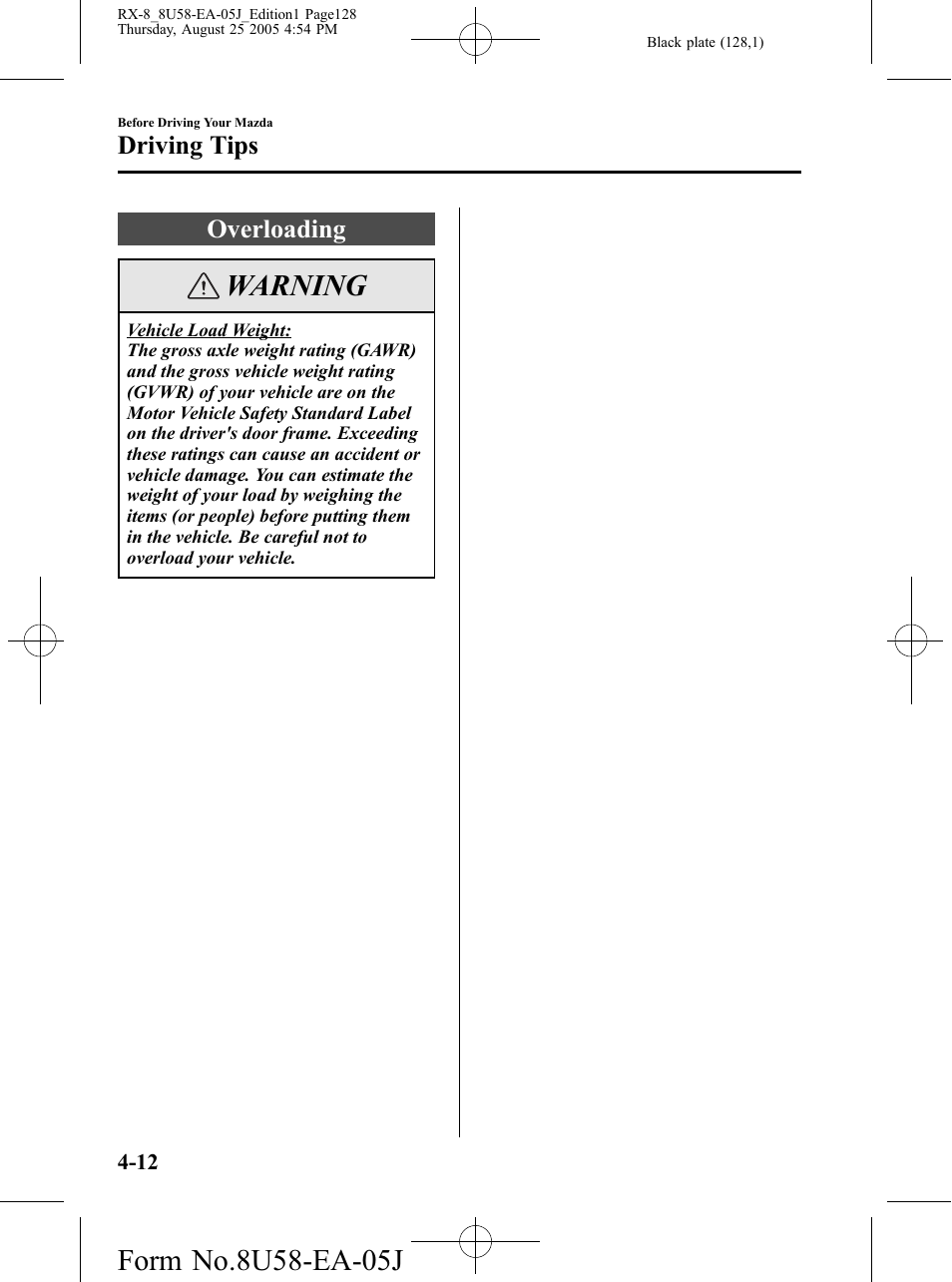 Overloading, Overloading -12, Warning | Driving tips | Mazda 2006 RX-8 User Manual | Page 128 / 434