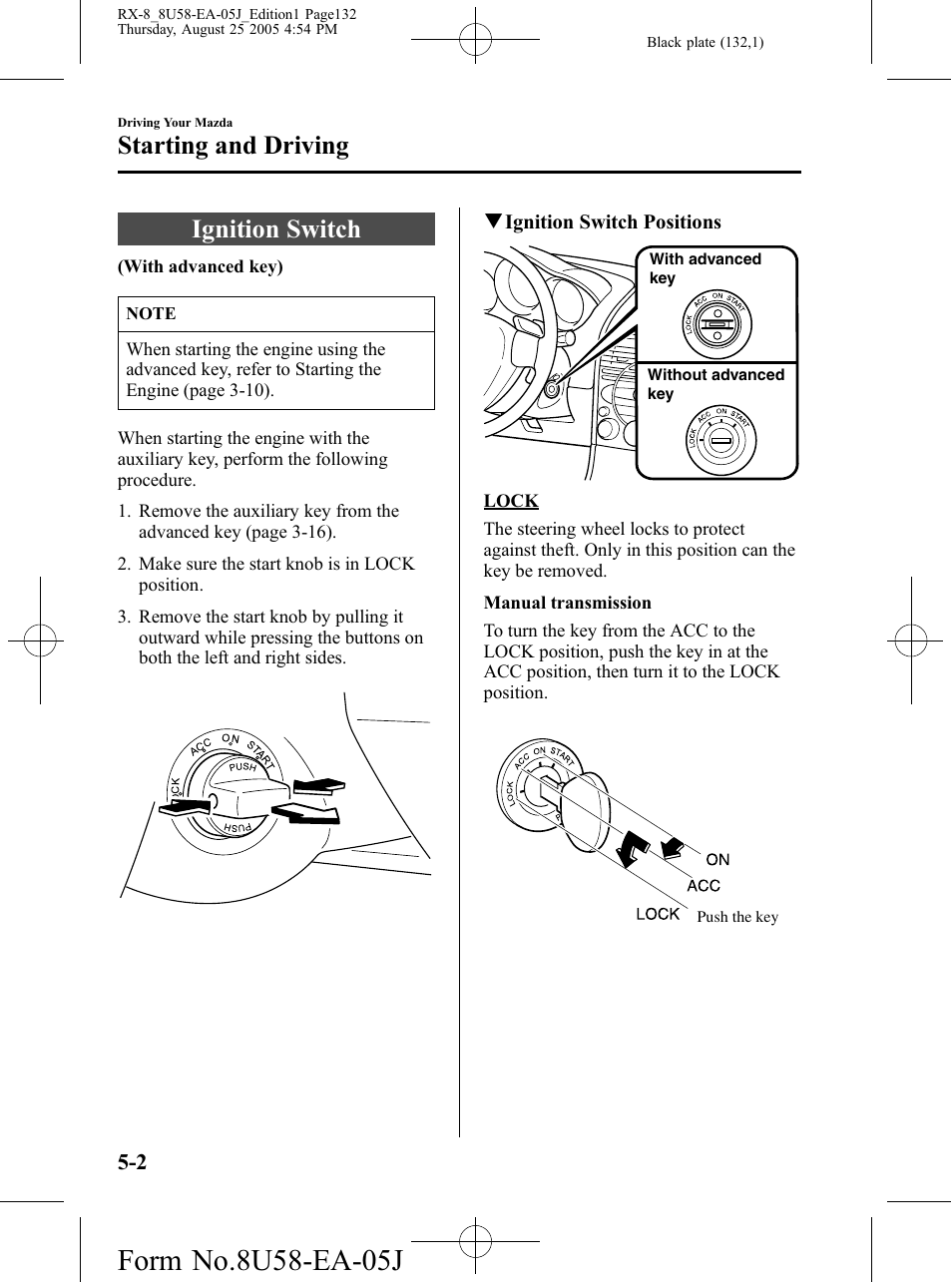 Starting and driving, Ignition switch, Starting and driving -2 | Ignition switch -2 | Mazda 2006 RX-8 User Manual | Page 132 / 434