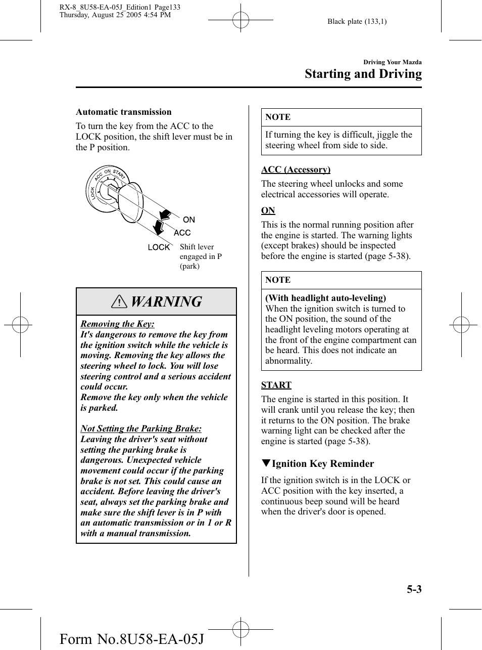 Warning, Starting and driving | Mazda 2006 RX-8 User Manual | Page 133 / 434