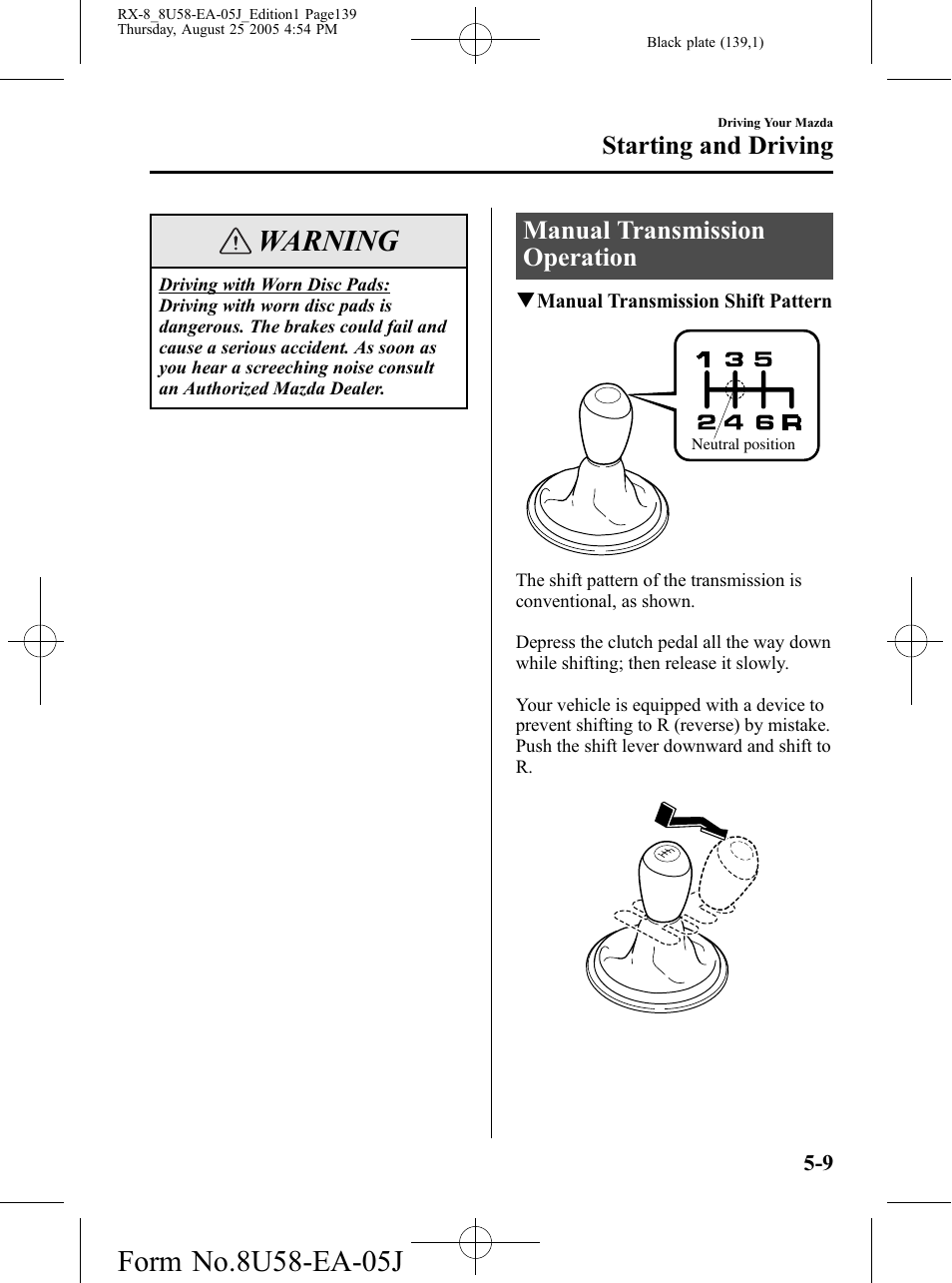 Manual transmission operation, Manual transmission operation -9, Warning | Starting and driving | Mazda 2006 RX-8 User Manual | Page 139 / 434