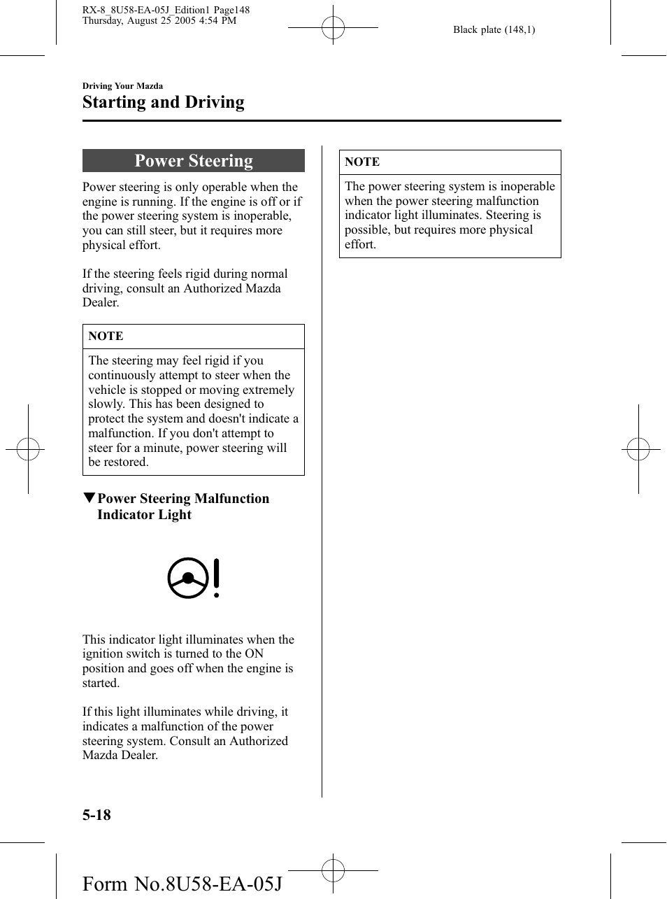 Power steering, Power steering -18, Starting and driving | Mazda 2006 RX-8 User Manual | Page 148 / 434
