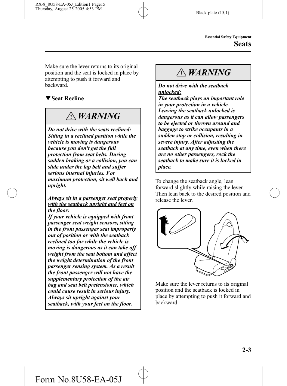 Warning, Seats | Mazda 2006 RX-8 User Manual | Page 15 / 434