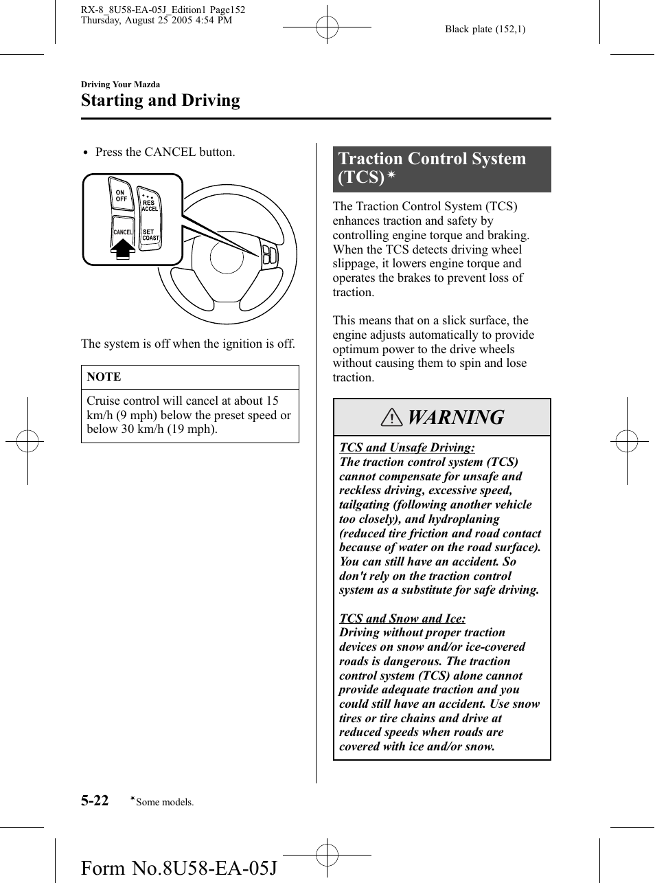 Traction control system (tcs), Warning, Starting and driving | Mazda 2006 RX-8 User Manual | Page 152 / 434