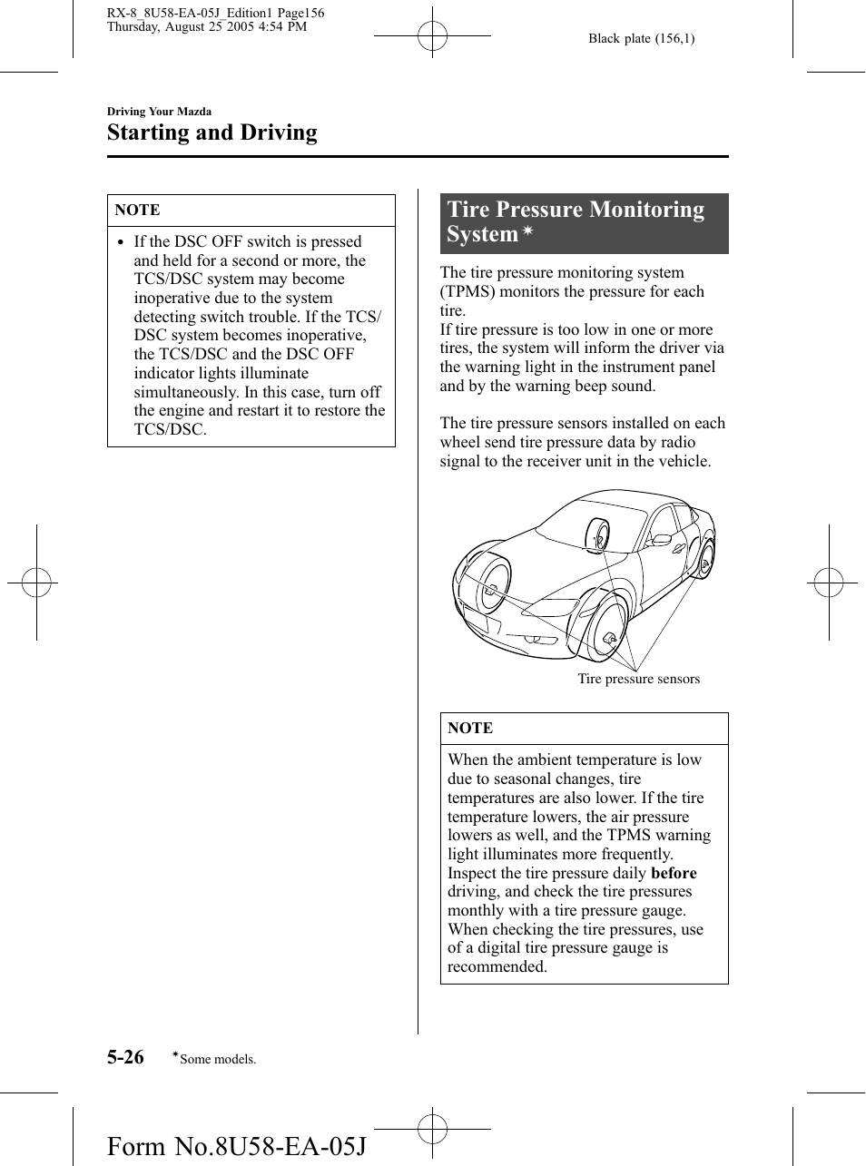 Tire pressure monitoring system, Starting and driving | Mazda 2006 RX-8 User Manual | Page 156 / 434