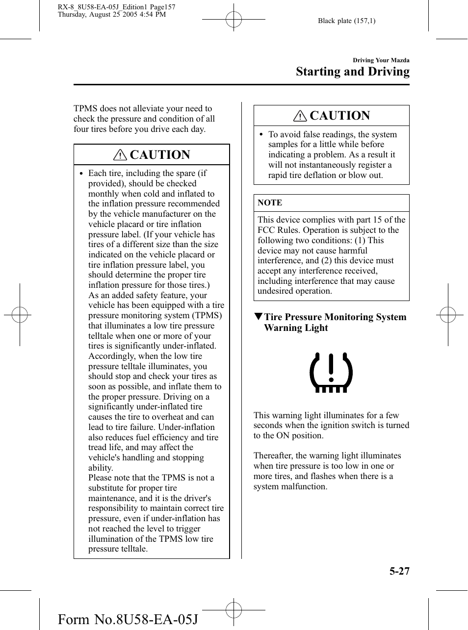 Caution, Starting and driving | Mazda 2006 RX-8 User Manual | Page 157 / 434