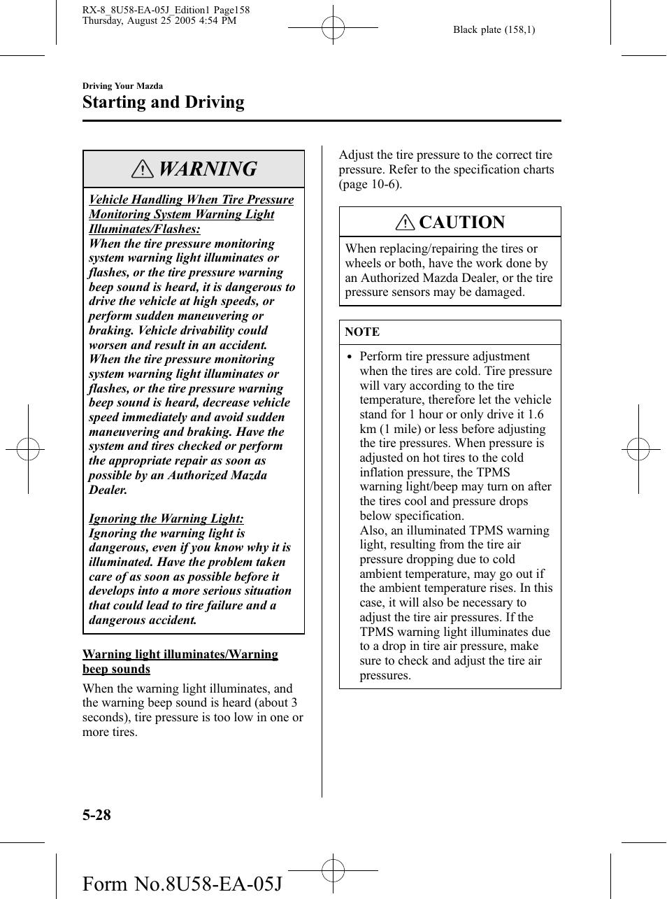 Warning, Caution, Starting and driving | Mazda 2006 RX-8 User Manual | Page 158 / 434