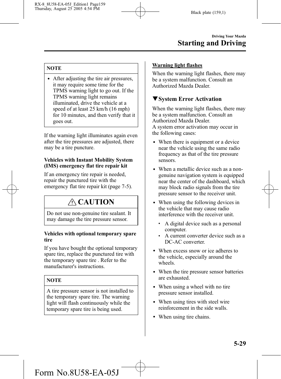 Caution, Starting and driving, Qsystem error activation | Mazda 2006 RX-8 User Manual | Page 159 / 434