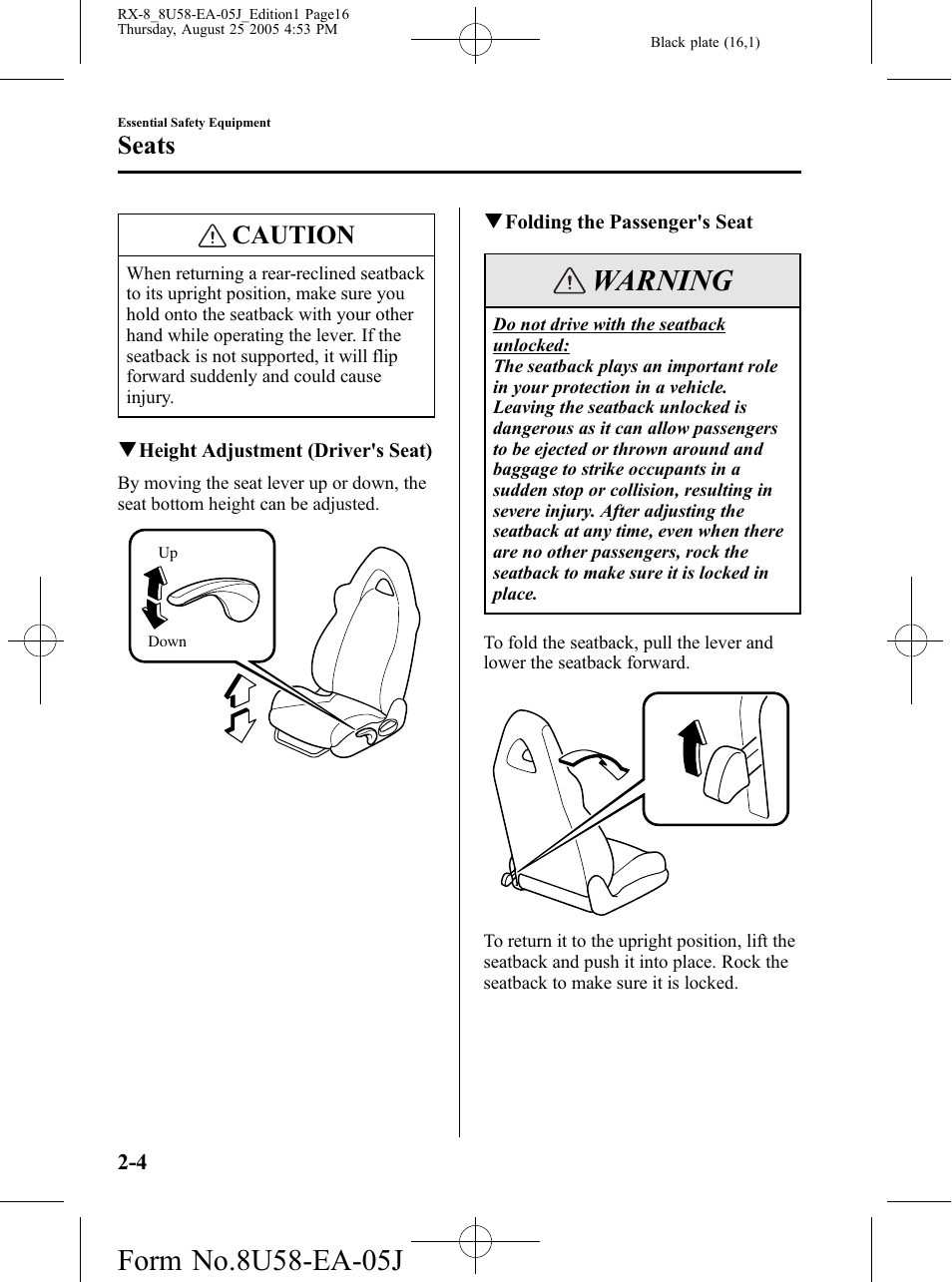 Warning, Caution, Seats | Mazda 2006 RX-8 User Manual | Page 16 / 434