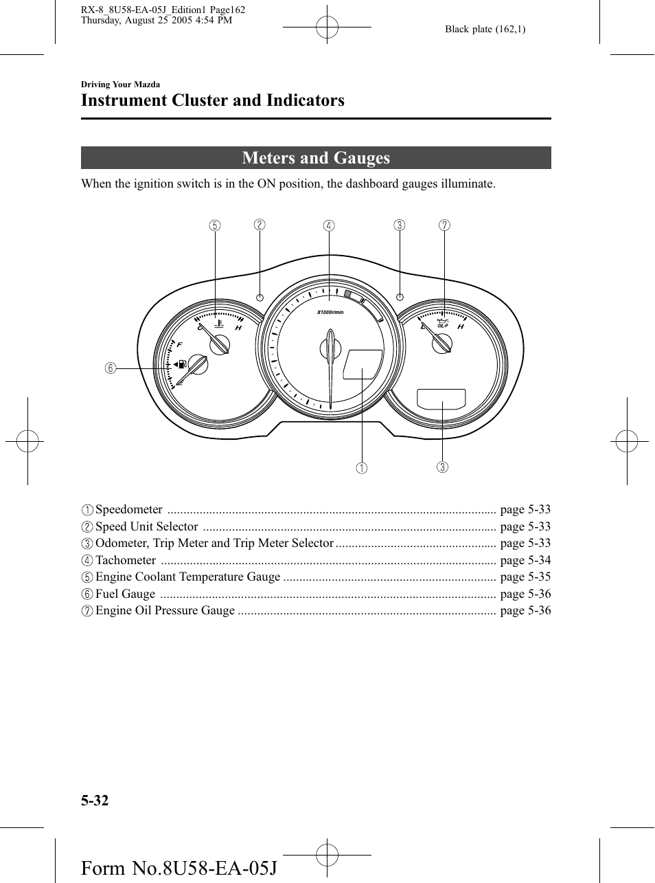 Instrument cluster and indicators, Meters and gauges, Instrument cluster and indicators -32 | Meters and gauges -32 | Mazda 2006 RX-8 User Manual | Page 162 / 434