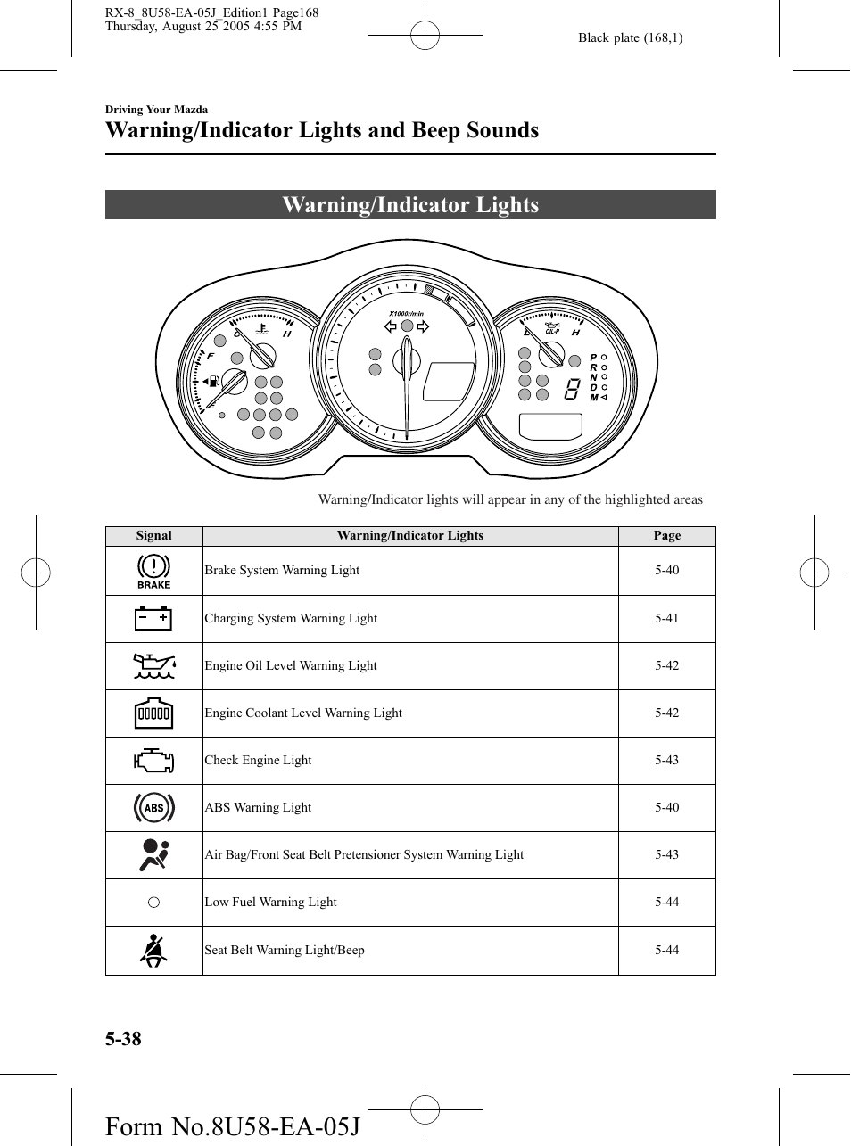 Warning/indicator lights and beep sounds, Warning/indicator lights, Warning/indicator lights and beep sounds -38 | Warning/indicator lights -38 | Mazda 2006 RX-8 User Manual | Page 168 / 434