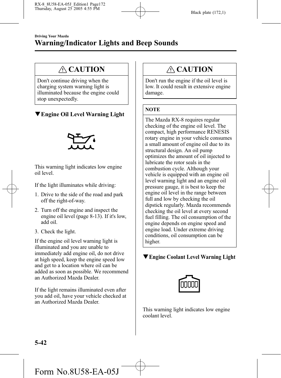 Caution, Warning/indicator lights and beep sounds | Mazda 2006 RX-8 User Manual | Page 172 / 434