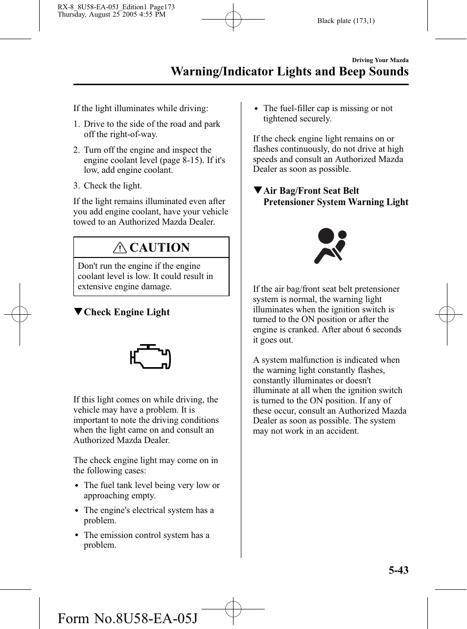 Caution, Warning/indicator lights and beep sounds | Mazda 2006 RX-8 User Manual | Page 173 / 434