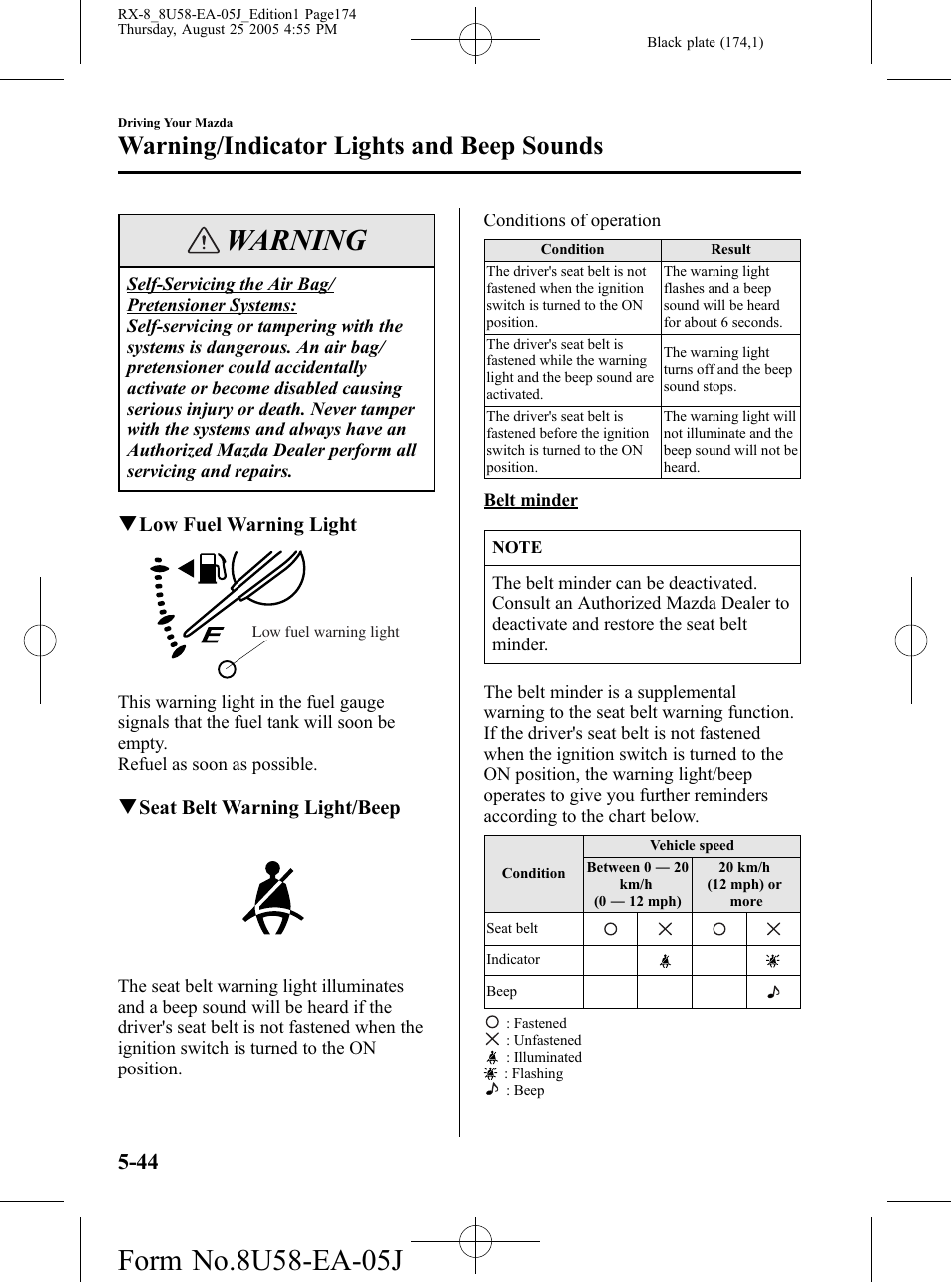 Warning, Warning/indicator lights and beep sounds | Mazda 2006 RX-8 User Manual | Page 174 / 434