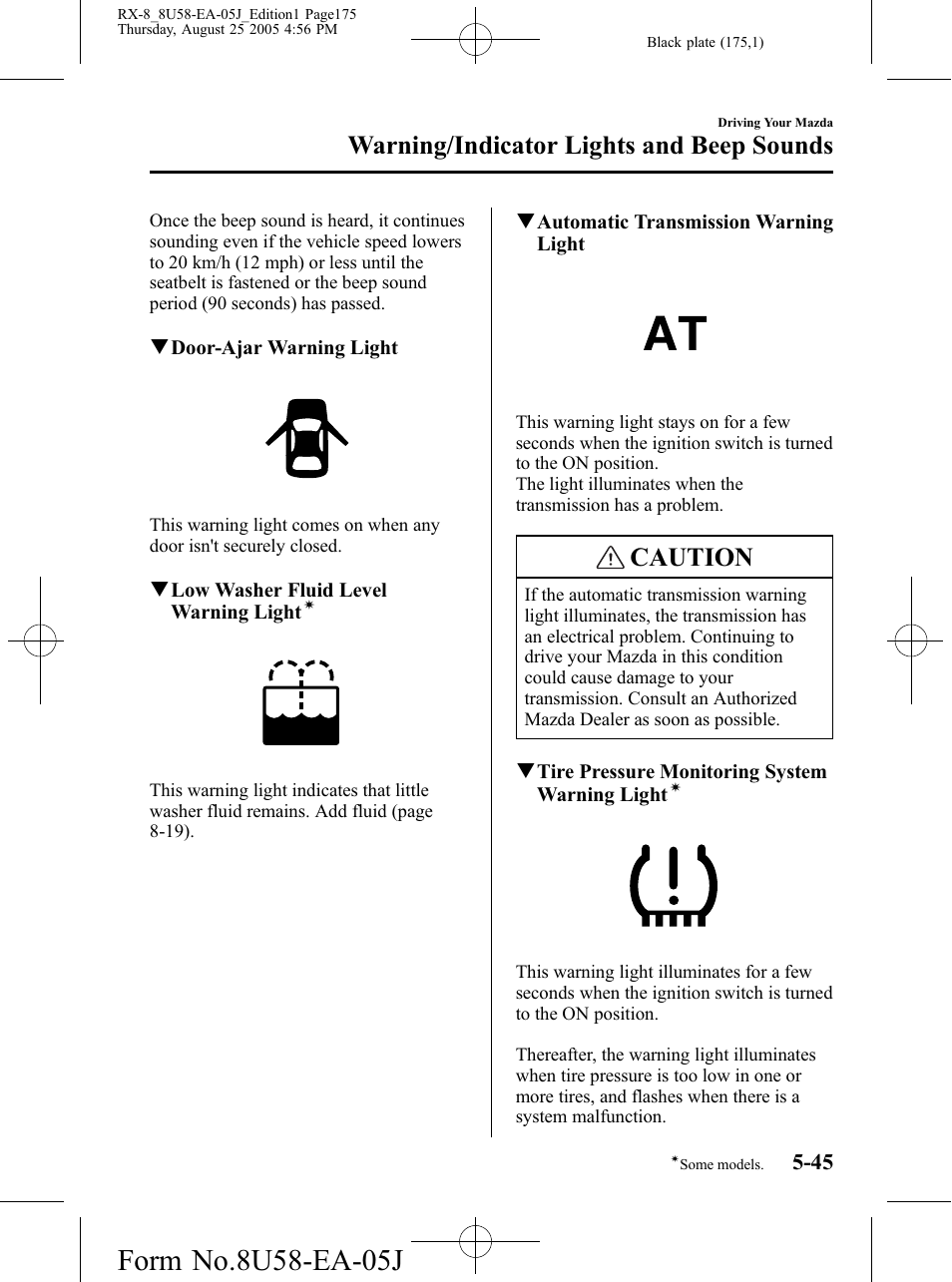 Caution, Warning/indicator lights and beep sounds | Mazda 2006 RX-8 User Manual | Page 175 / 434