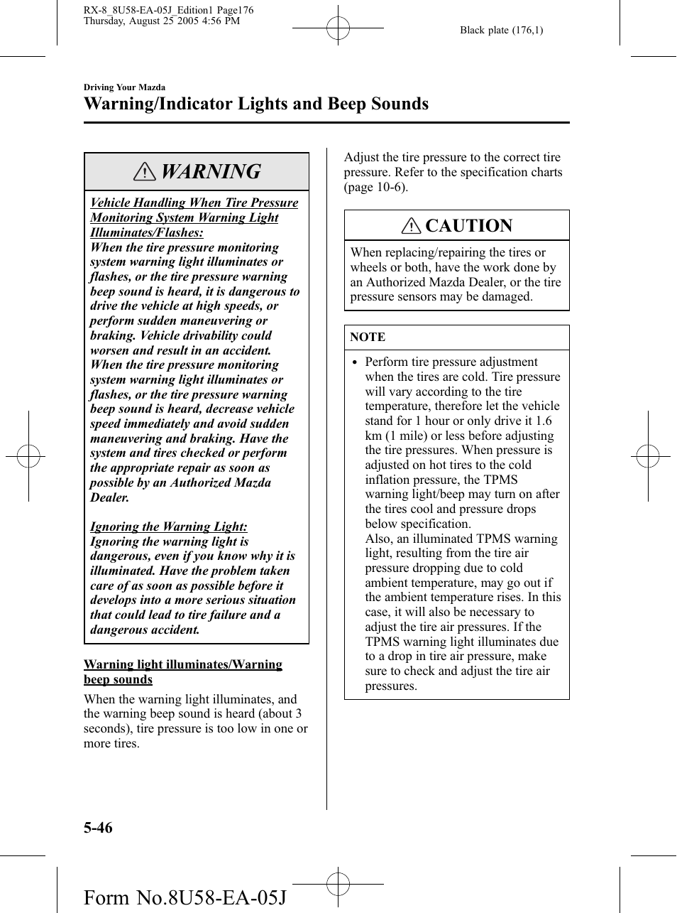 Warning, Caution, Warning/indicator lights and beep sounds | Mazda 2006 RX-8 User Manual | Page 176 / 434