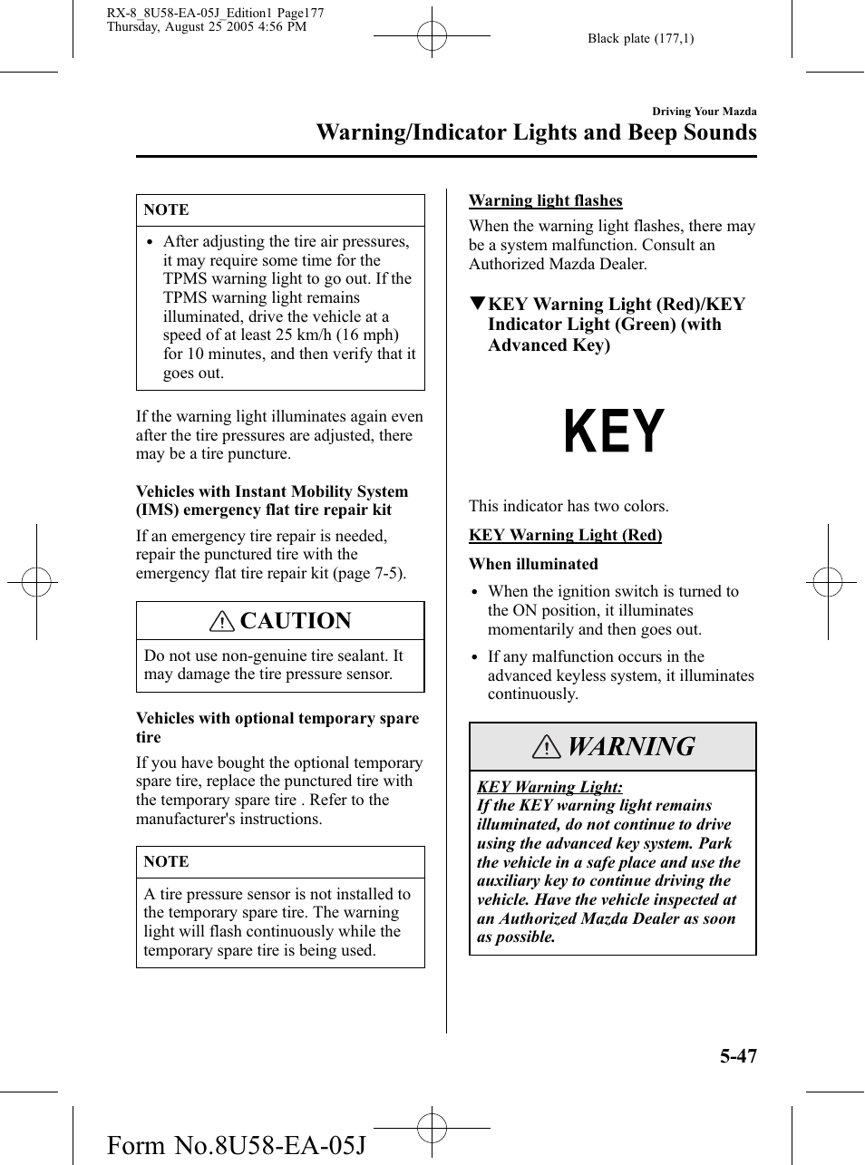 Warning, Caution, Warning/indicator lights and beep sounds | Mazda 2006 RX-8 User Manual | Page 177 / 434