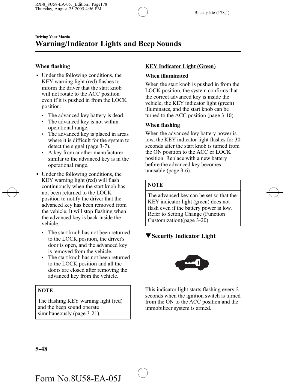 Warning/indicator lights and beep sounds, Qsecurity indicator light | Mazda 2006 RX-8 User Manual | Page 178 / 434