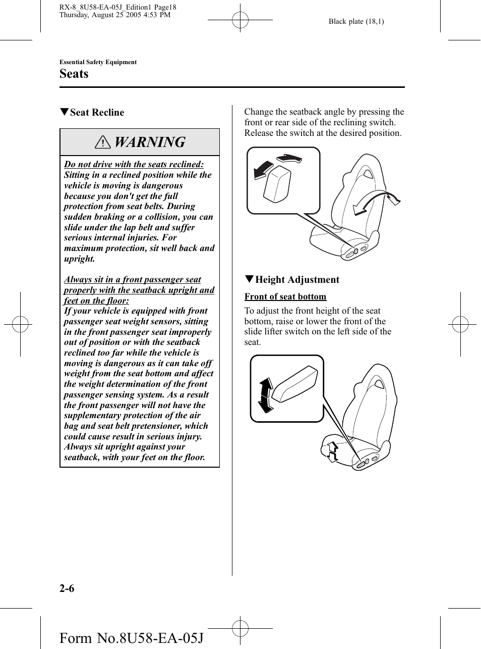 Warning, Seats | Mazda 2006 RX-8 User Manual | Page 18 / 434