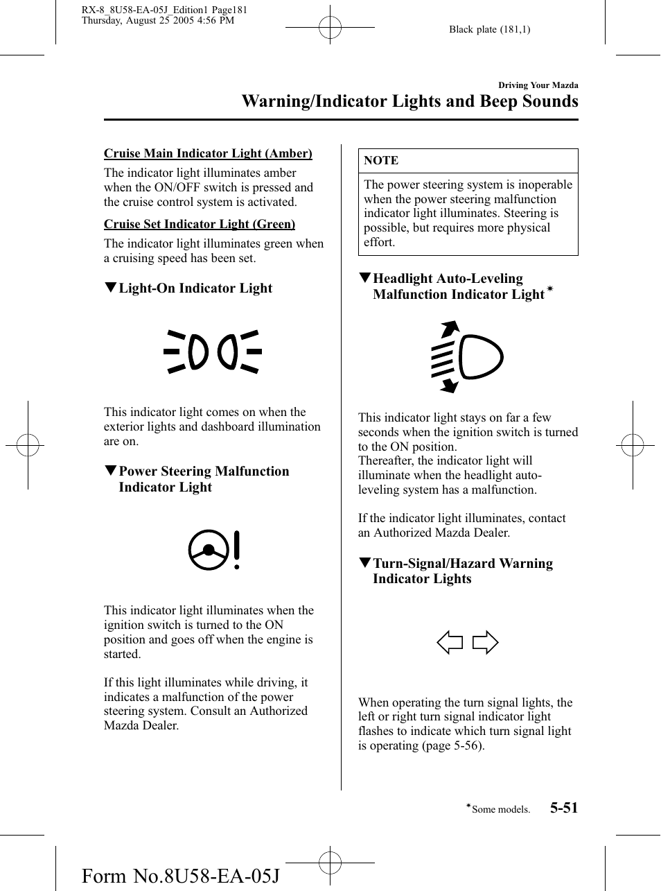 Warning/indicator lights and beep sounds | Mazda 2006 RX-8 User Manual | Page 181 / 434