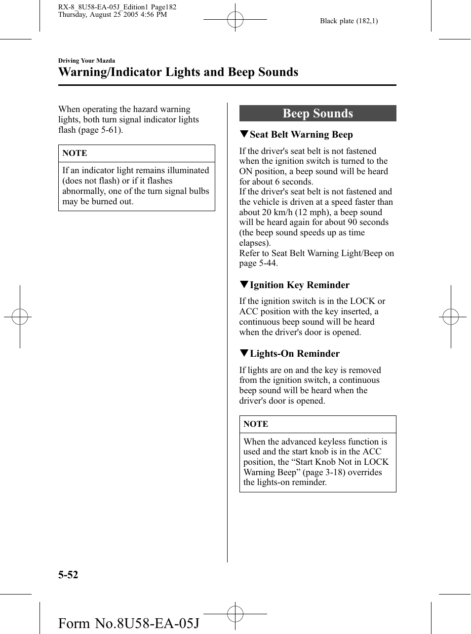 Beep sounds, Beep sounds -52, Warning/indicator lights and beep sounds | Mazda 2006 RX-8 User Manual | Page 182 / 434