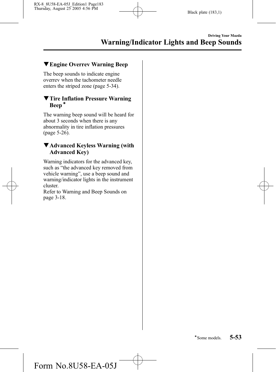 Warning/indicator lights and beep sounds | Mazda 2006 RX-8 User Manual | Page 183 / 434