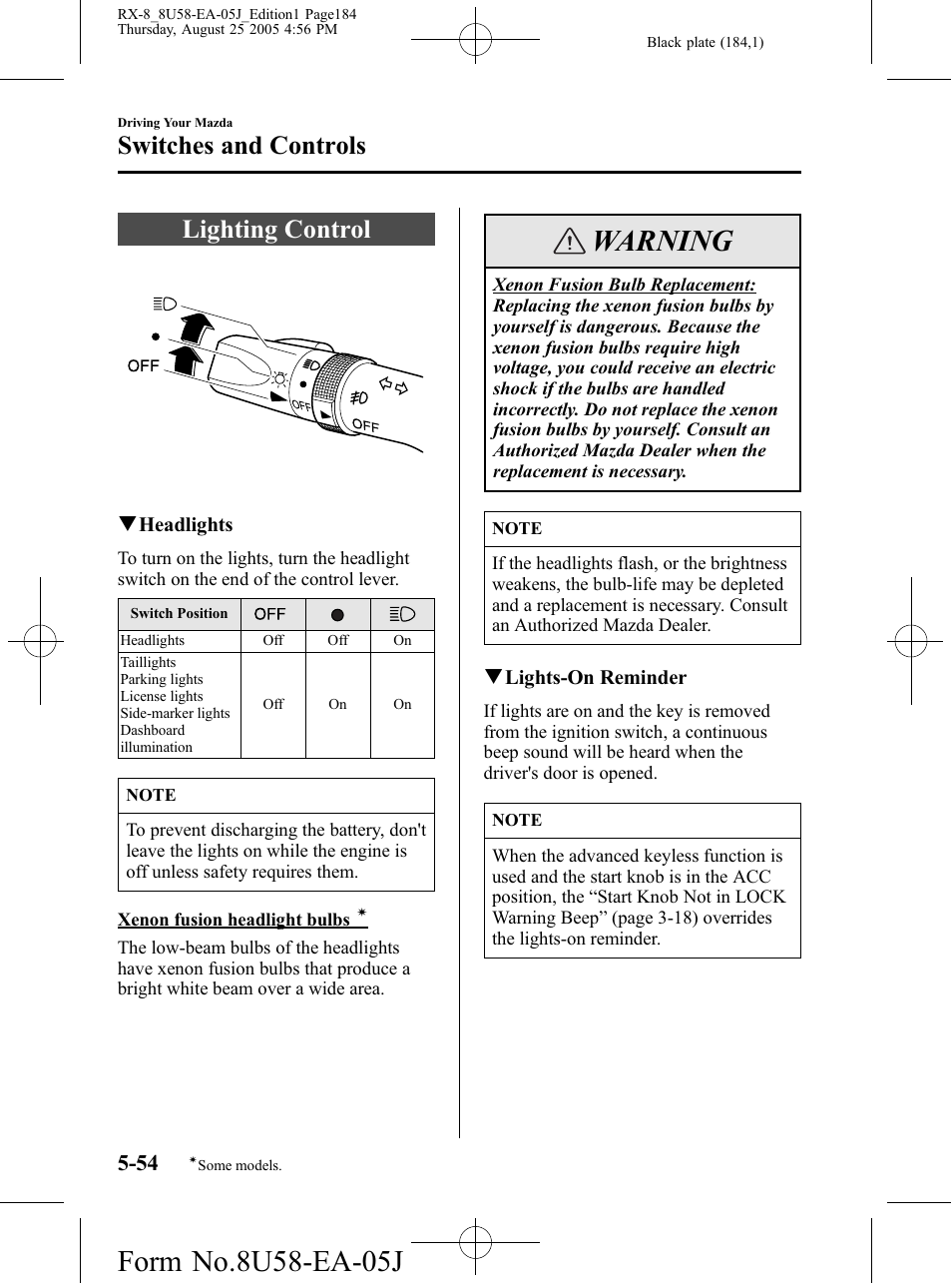 Switches and controls, Lighting control, Switches and controls -54 | Lighting control -54, Warning | Mazda 2006 RX-8 User Manual | Page 184 / 434