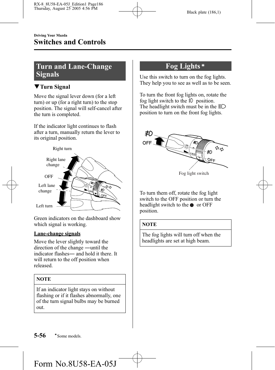 Turn and lane-change signals, Fog lights, Turn and lane-change signals -56 fog lights | Switches and controls | Mazda 2006 RX-8 User Manual | Page 186 / 434