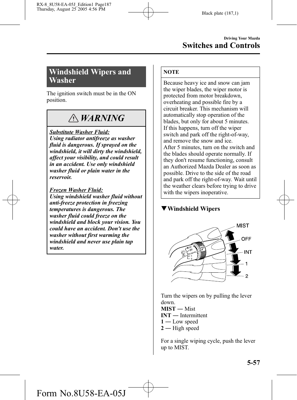 Windshield wipers and washer, Windshield wipers and washer -57, Warning | Switches and controls | Mazda 2006 RX-8 User Manual | Page 187 / 434