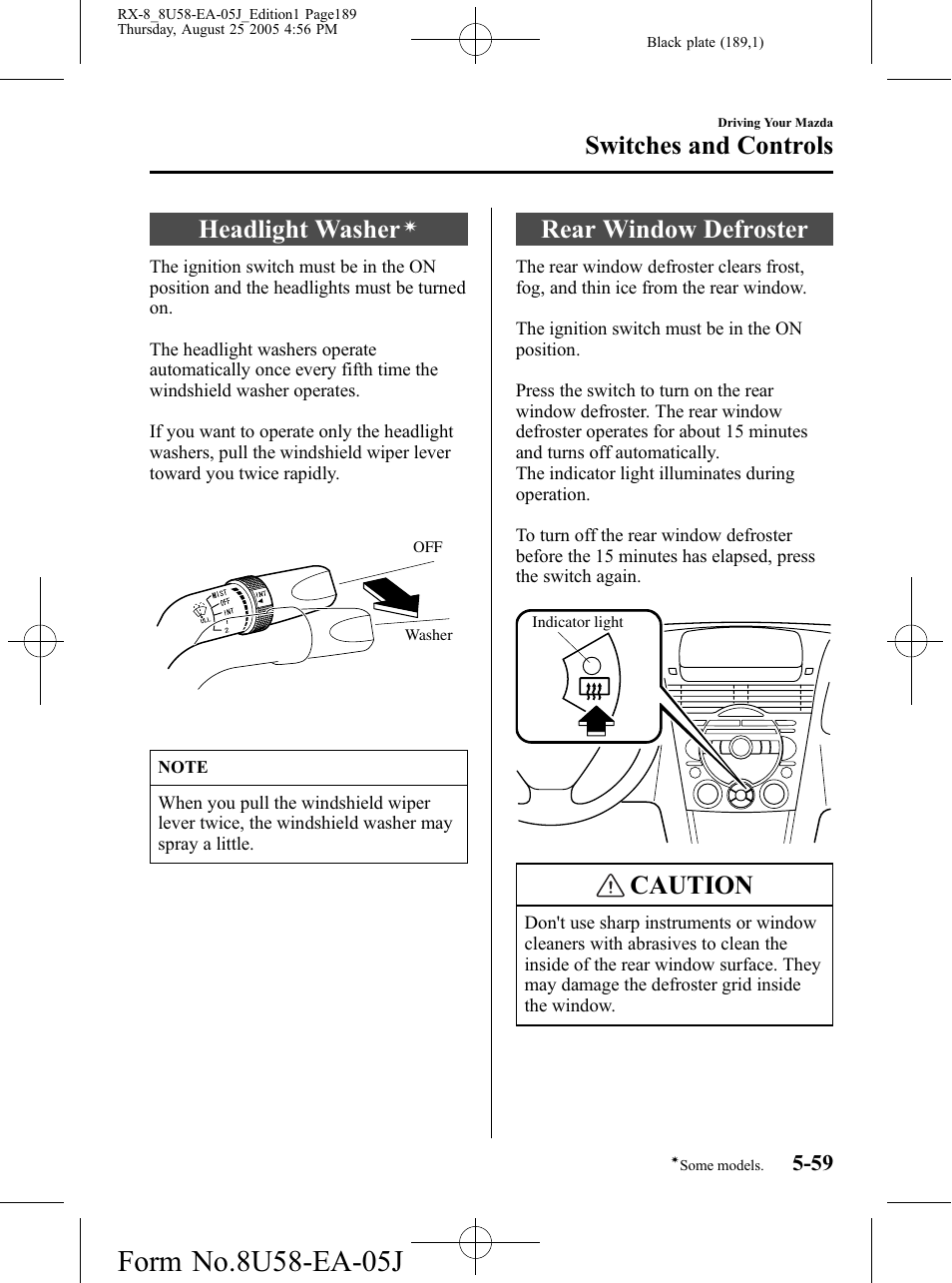 Headlight washer, Rear window defroster, Rear window defroster -59 | Caution, Switches and controls | Mazda 2006 RX-8 User Manual | Page 189 / 434
