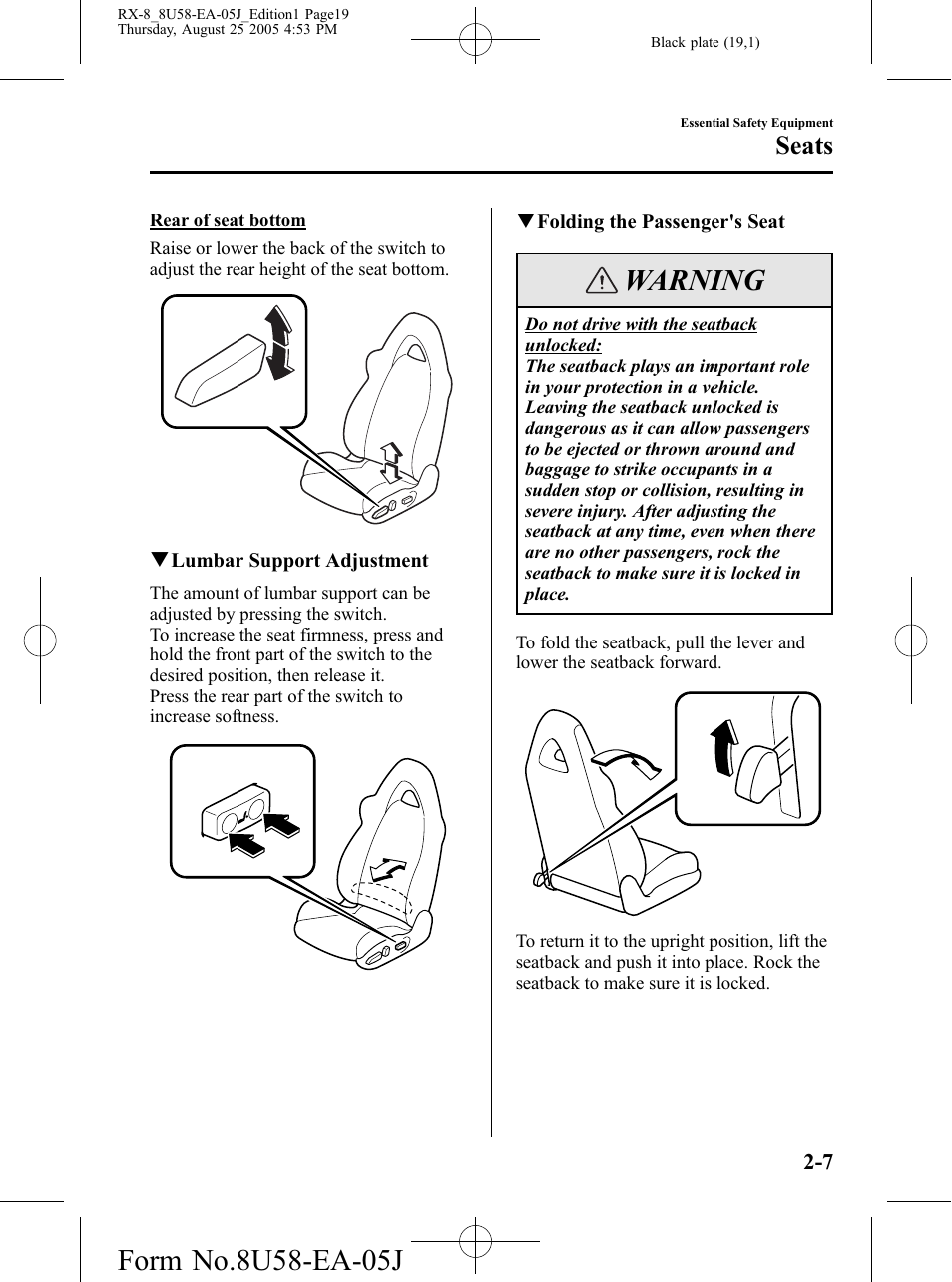 Warning, Seats | Mazda 2006 RX-8 User Manual | Page 19 / 434