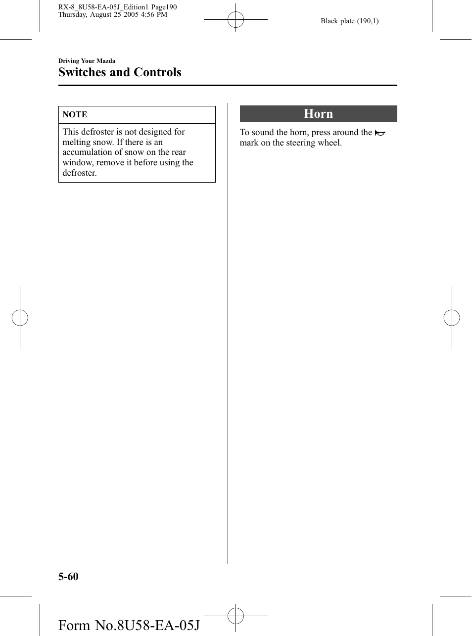 Horn, Horn -60, Switches and controls | Mazda 2006 RX-8 User Manual | Page 190 / 434