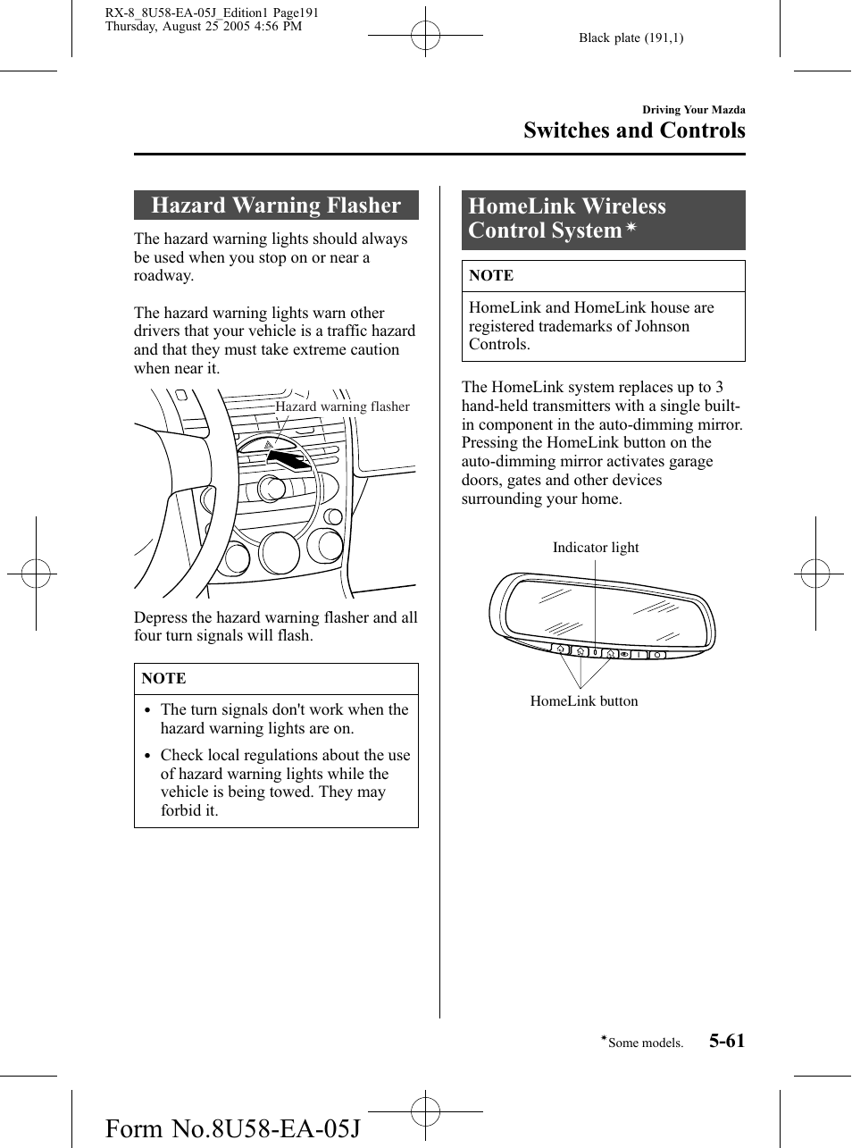 Hazard warning flasher, Homelink wireless control system, Switches and controls | Mazda 2006 RX-8 User Manual | Page 191 / 434