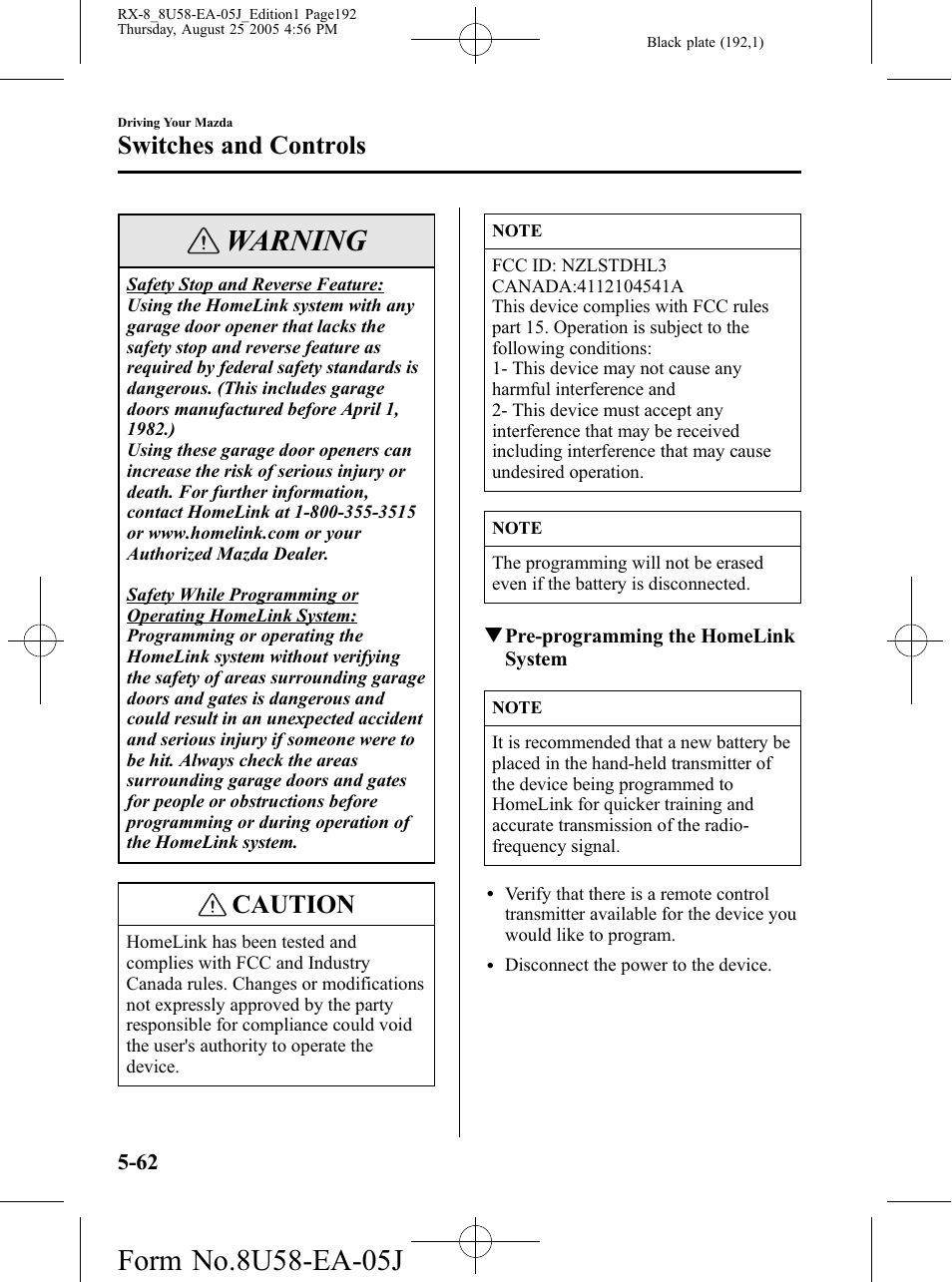 Warning, Caution, Switches and controls | Mazda 2006 RX-8 User Manual | Page 192 / 434