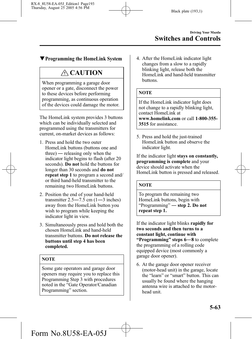 Caution, Switches and controls | Mazda 2006 RX-8 User Manual | Page 193 / 434