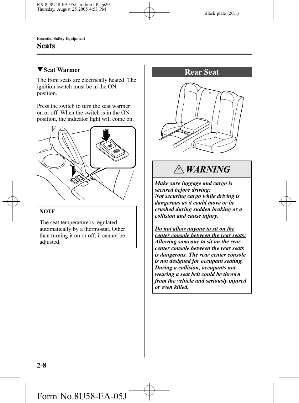 Rear seat, Rear seat -8, Warning | Seats | Mazda 2006 RX-8 User Manual | Page 20 / 434