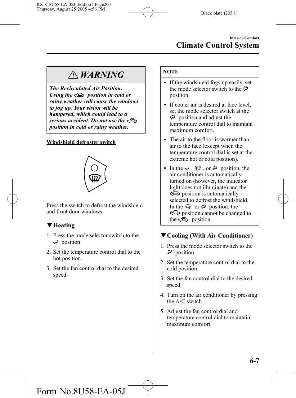 Warning, Climate control system | Mazda 2006 RX-8 User Manual | Page 203 / 434