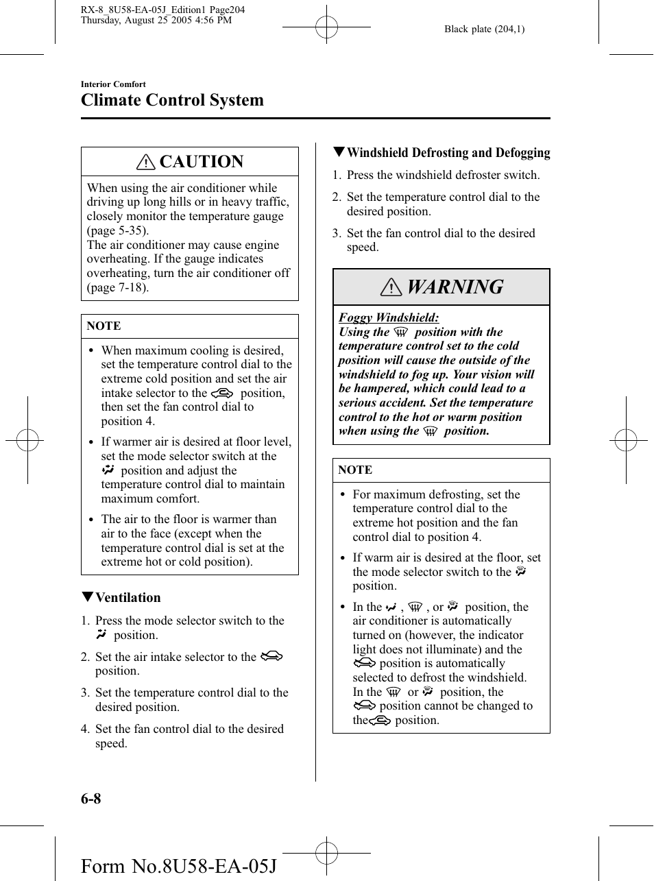 Warning, Caution, Climate control system | Mazda 2006 RX-8 User Manual | Page 204 / 434