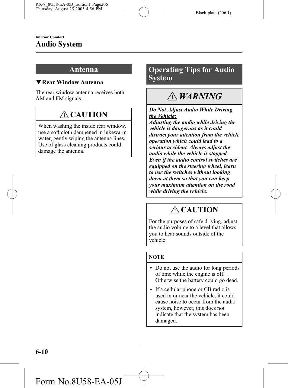 Audio system, Antenna, Operating tips for audio system | Audio system -10, Antenna -10 operating tips for audio system -10, Warning, Caution | Mazda 2006 RX-8 User Manual | Page 206 / 434